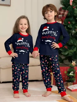 Navy Red Merry Christmas Family Pajamas Candy Cane Print 2026