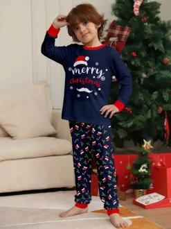 Navy Red Merry Christmas Family Pajamas Candy Cane Print 2026