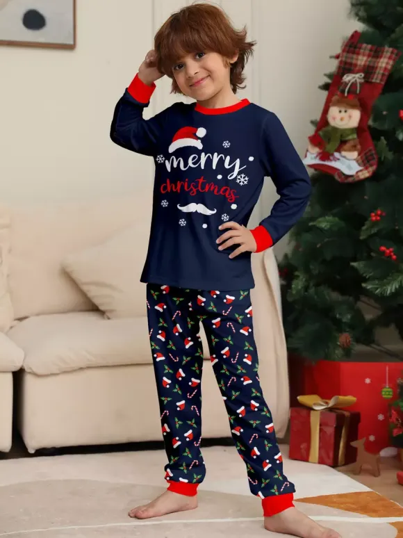 Navy Red Merry Christmas Family Pajamas Candy Cane Print 2026