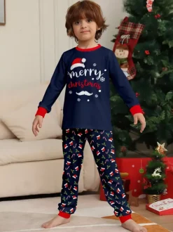 Navy Red Merry Christmas Family Pajamas Candy Cane Print 2026
