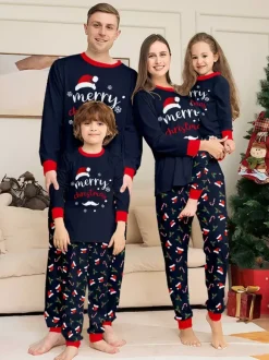 Navy Red Merry Christmas Family Pajamas Candy Cane Print 2026