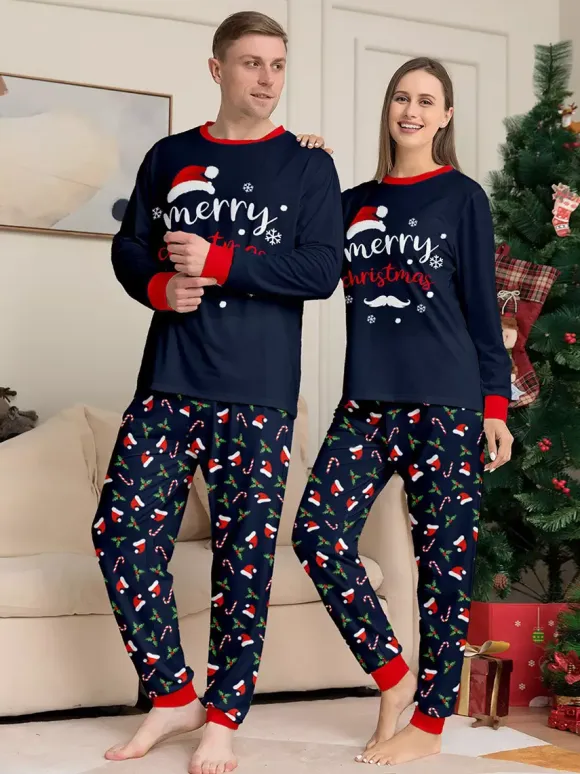 Navy Red Merry Christmas Family Pajamas Candy Cane Print 2026