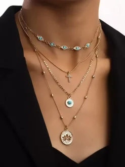 Necklace Evil Eye Cross Lotus Layered Chic Necklace