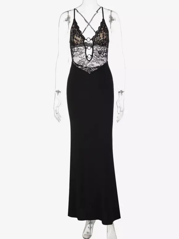 Night Out Dresses Black Criss Cross Back Lace Cutout Maxi Dress Nightclub Evening Gown