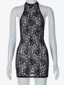 Night Out Dresses Black Floral Print Sleeveless Halter Sheer Summer Dress