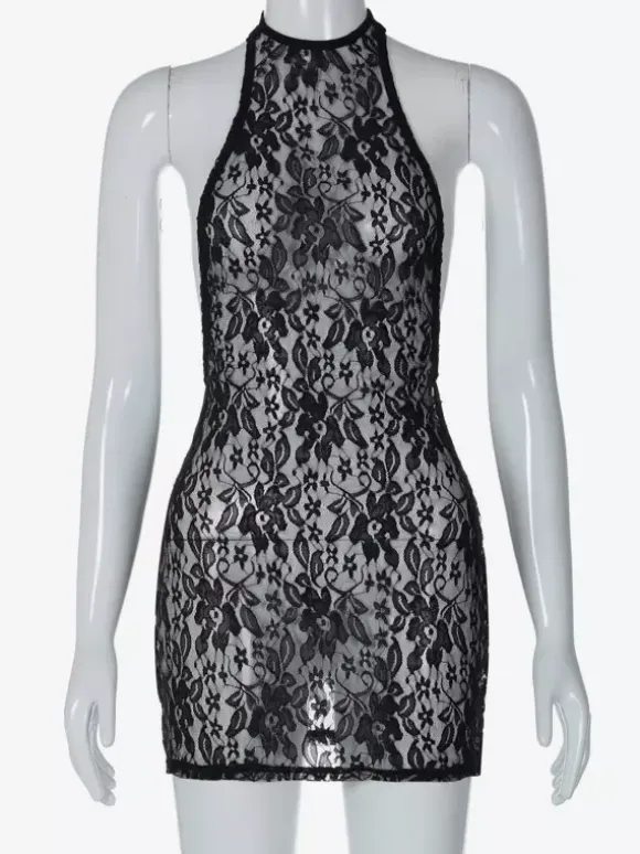 Night Out Dresses Black Floral Print Sleeveless Halter Sheer Summer Dress