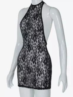Night Out Dresses Black Floral Print Sleeveless Halter Sheer Summer Dress