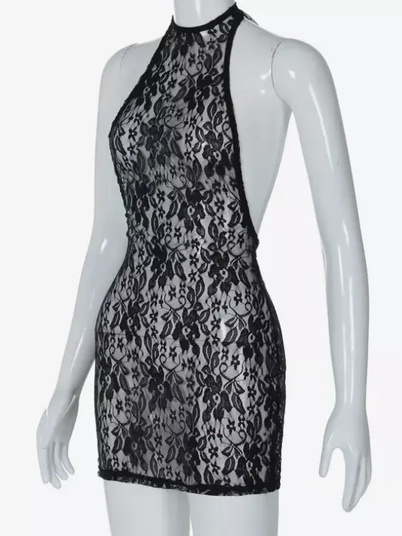 Night Out Dresses Black Floral Print Sleeveless Halter Sheer Summer Dress
