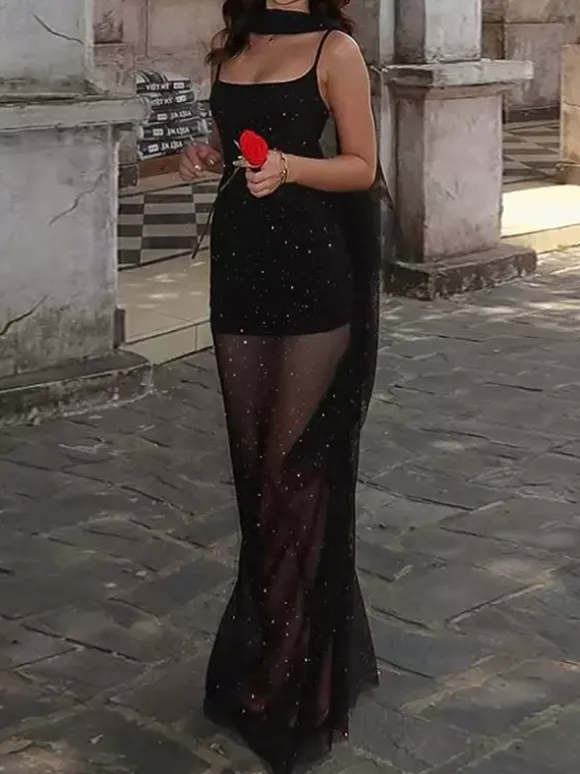 Night Out Dresses Black Glitter Mesh Choker Slit Maxi Dress See Through Night Club Party Gown