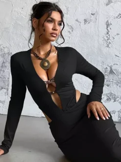 Night Out Dresses Black Long Sleeves V-Neck Backless Summer Dress