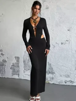 Night Out Dresses Black Long Sleeves V-Neck Backless Summer Dress
