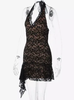 Night Out Dresses Black Lace Halter Deep V Ruffle Mini Dress Bodycon Nightclub Party Outfit