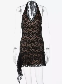 Night Out Dresses Black Lace Halter Deep V Ruffle Mini Dress Bodycon Nightclub Party Outfit