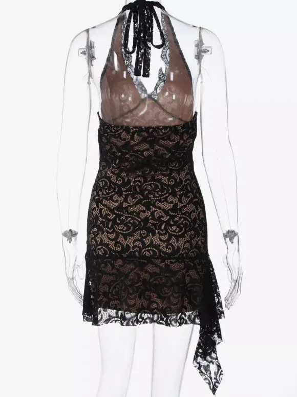 Night Out Dresses Black Lace Halter Deep V Ruffle Mini Dress Bodycon Nightclub Party Outfit