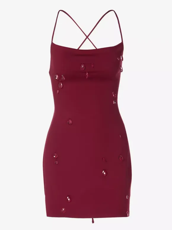 Night Out Dresses Burgundy Rhinestone Criss Cross Back Ruched Bodycon Mini Club Dress