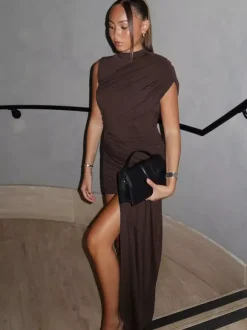 Night Out Dresses Coffee Brown Short Sleeves High Collar Pleated Summer Dress