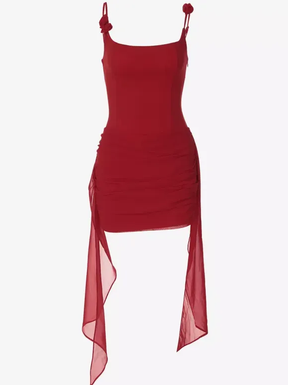 Night Out Dresses Date Night Red Brown Square Neck Flower Strap Lace Up Back Ruched Mini Club Dress
