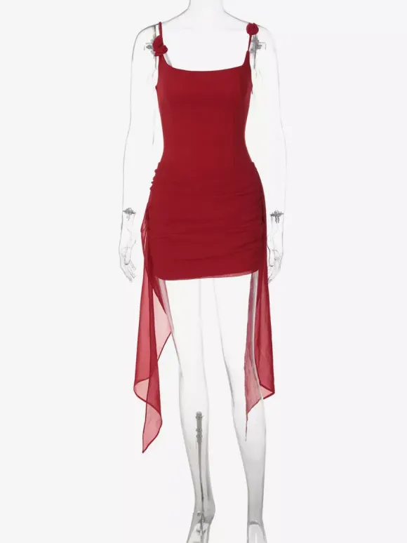 Night Out Dresses Date Night Red Brown Square Neck Flower Strap Lace Up Back Ruched Mini Club Dress