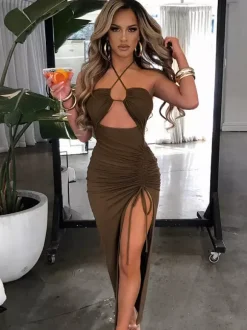 Night Out Dresses Deep Brown Polyester Sleeveless Halter Backless Summer Dress