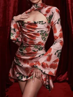 Night Out Dresses Floral Print Long Sleeves Off-The-Shoulder Backless Summer Dress
