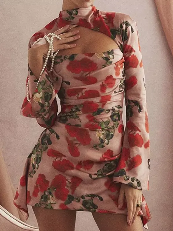Night Out Dresses Floral Print Long Sleeves Off-The-Shoulder Backless Summer Dress