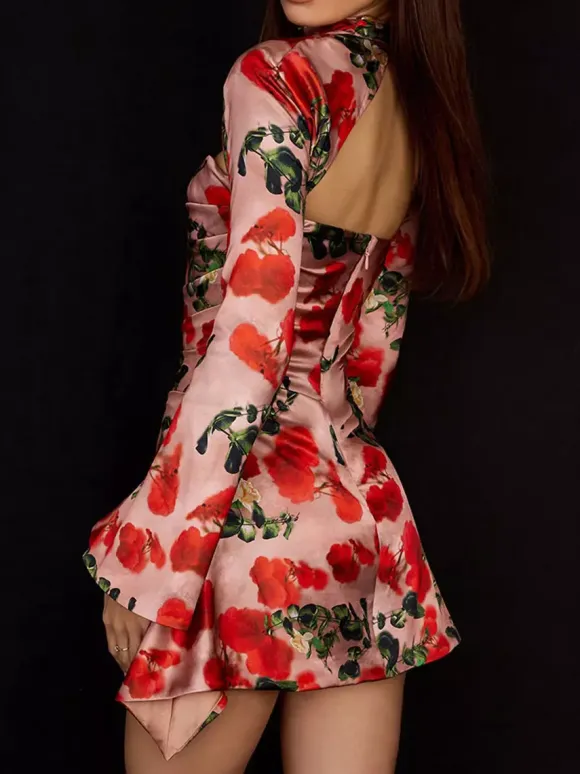 Night Out Dresses Floral Print Long Sleeves Off-The-Shoulder Backless Summer Dress