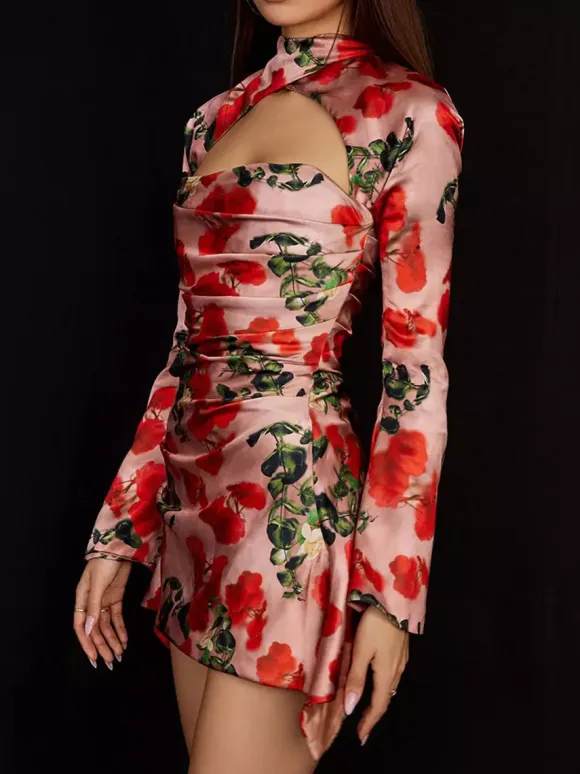 Night Out Dresses Floral Print Long Sleeves Off-The-Shoulder Backless Summer Dress