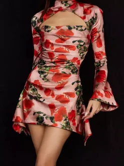 Night Out Dresses Floral Print Long Sleeves Off-The-Shoulder Backless Summer Dress