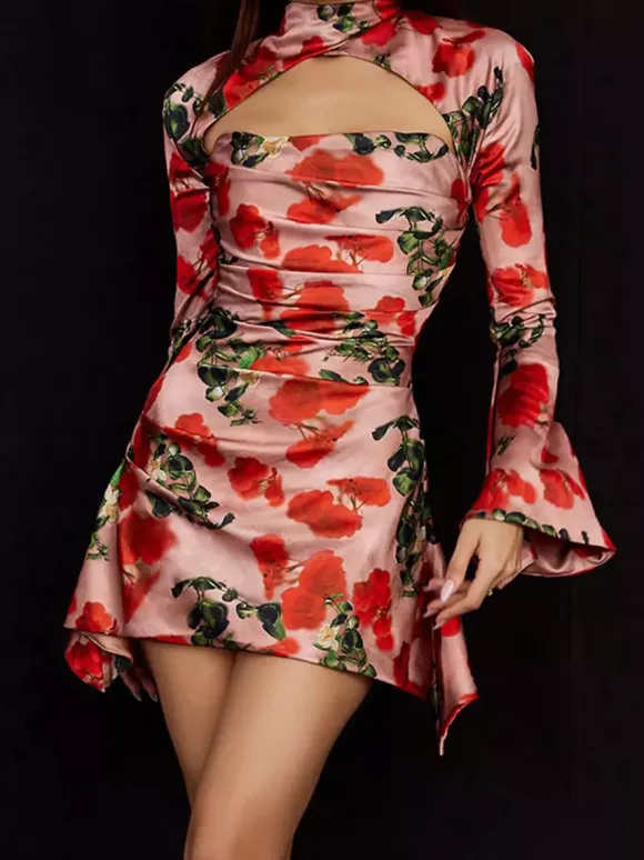 Night Out Dresses Floral Print Long Sleeves Off-The-Shoulder Backless Summer Dress
