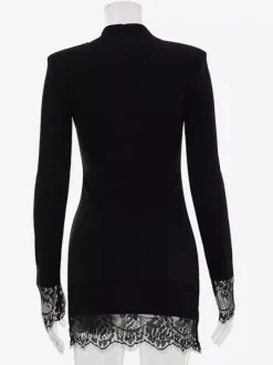 Night Out Dresses Mandarin Collar Gold Button Lace Cuff Long Sleeve Bodycon Mini Dress