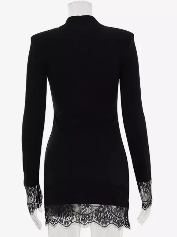 Night Out Dresses Mandarin Collar Gold Button Lace Cuff Long Sleeve Bodycon Mini Dress