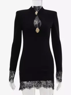 Night Out Dresses Mandarin Collar Gold Button Lace Cuff Long Sleeve Bodycon Mini Dress