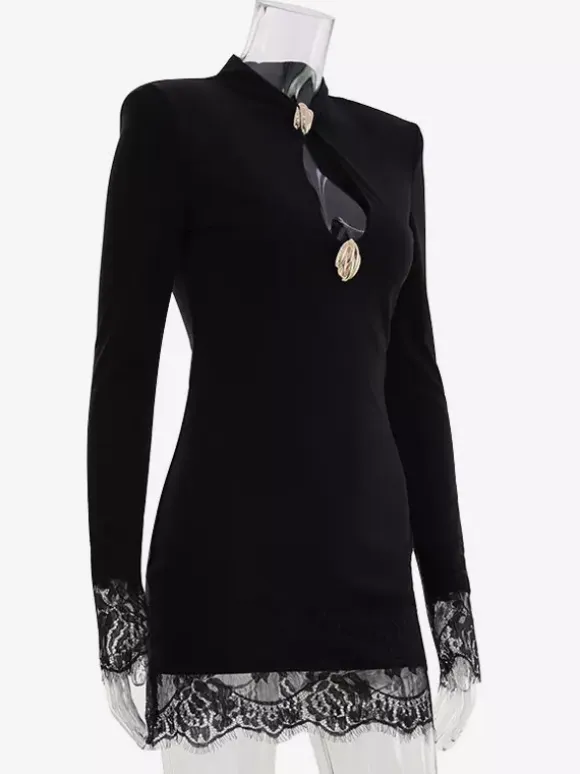 Night Out Dresses Mandarin Collar Gold Button Lace Cuff Long Sleeve Bodycon Mini Dress