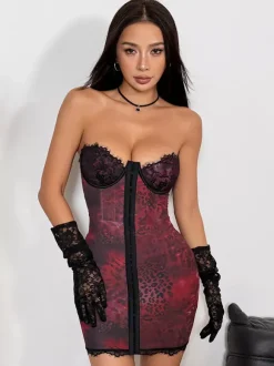 Night Out Dresses Red Leopard Print Sleeveless Strapless Shaping Summer Dress