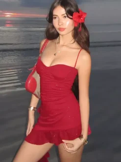 Night Out Dresses Red Sleeveless Straps Neck Asymmetrical Summer Dress