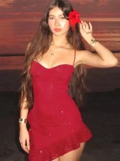 Night Out Dresses Red Sleeveless Straps Neck Asymmetrical Summer Dress