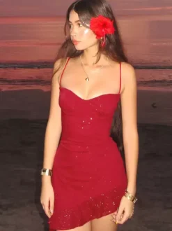 Night Out Dresses Red Sleeveless Straps Neck Asymmetrical Summer Dress