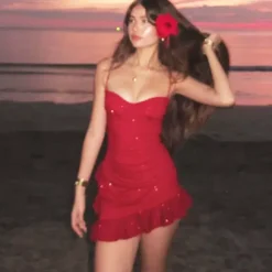 Night Out Dresses Red Sleeveless Straps Neck Asymmetrical Summer Dress
