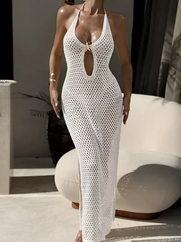 Night Out Dresses Sexy Cutout Mesh Halter Maxi Backless High Slit Fishnet Sheer Long Nightclub Party Dress