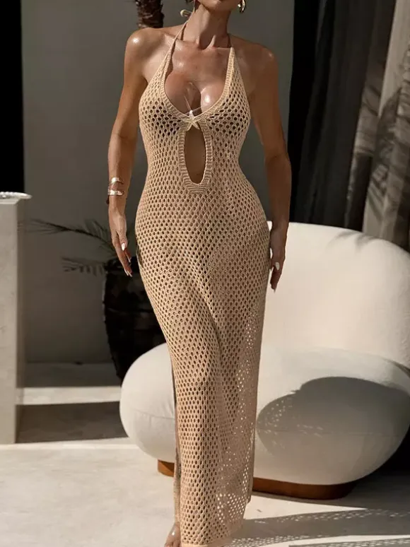 Night Out Dresses Sexy Cutout Mesh Halter Maxi Backless High Slit Fishnet Sheer Long Nightclub Party Dress