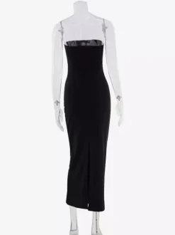 Night Out Dresses Strapless Rhinestone Embellished Bodycon Midi Dress Back Split Evening Gown