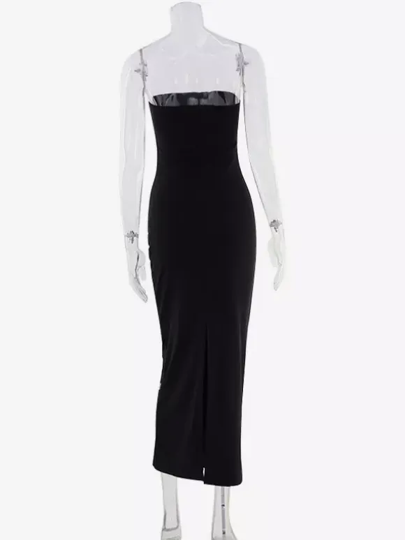 Night Out Dresses Strapless Rhinestone Embellished Bodycon Midi Dress Back Split Evening Gown