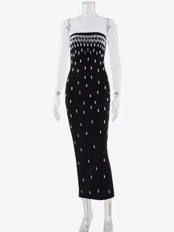 Night Out Dresses Strapless Rhinestone Embellished Bodycon Midi Dress Back Split Evening Gown