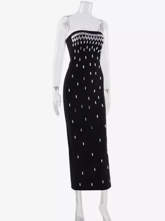 Night Out Dresses Strapless Rhinestone Embellished Bodycon Midi Dress Back Split Evening Gown