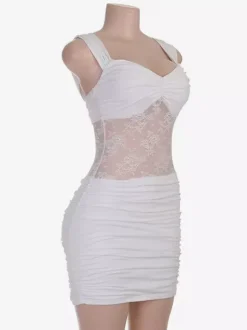 Night Out Dresses White Ruched Lace Mesh Bodycon Mini Dress Spaghetti Strap Deep Neck Club Party Dress
