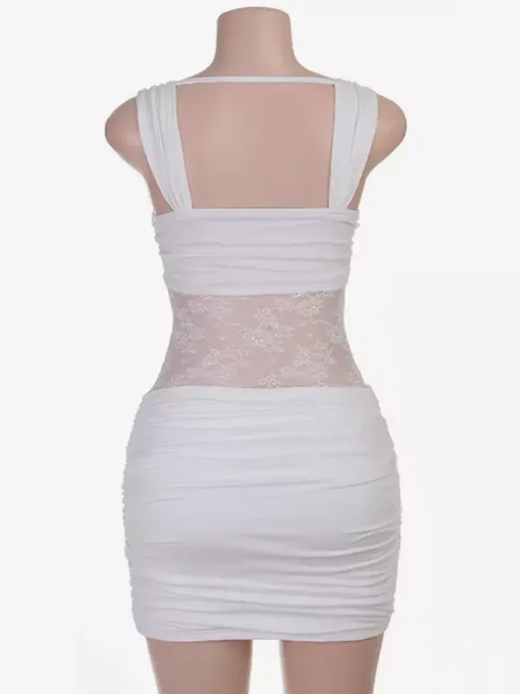 Night Out Dresses White Ruched Lace Mesh Bodycon Mini Dress Spaghetti Strap Deep Neck Club Party Dress