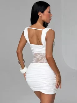 Night Out Dresses White Ruched Lace Mesh Bodycon Mini Dress Spaghetti Strap Deep Neck Club Party Dress