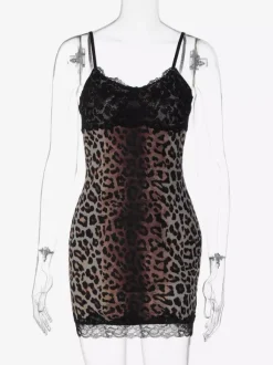 Night Out Dresses Wild Leopard Print Cami Slip Mini Lace Trim Strap Bodycon Night Chemise