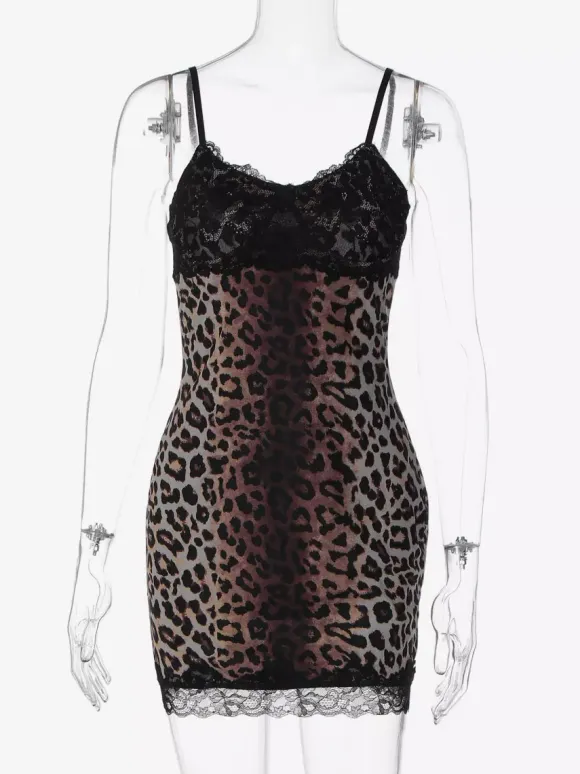 Night Out Dresses Wild Leopard Print Cami Slip Mini Lace Trim Strap Bodycon Night Chemise