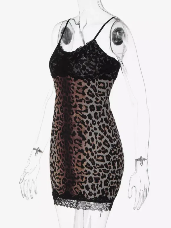 Night Out Dresses Wild Leopard Print Cami Slip Mini Lace Trim Strap Bodycon Night Chemise